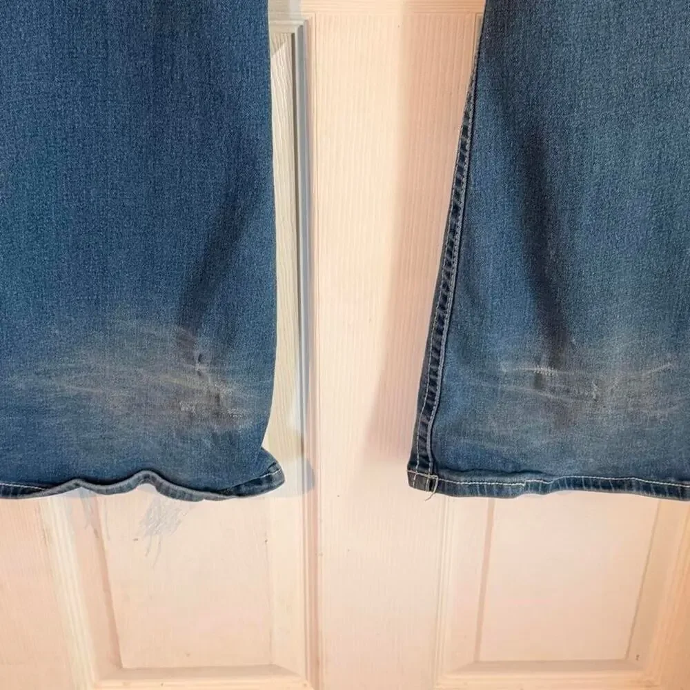 Gemma Rae Y2k blue ripped bootcut with stitch and rhinestone back pocket- 3/26